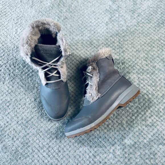 SPERRY Dark Gray Faux Fur Lined Ankle Winter Rubber Snow Boots 7.5 STS84506 - Picture 1 of 7